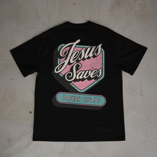 "Jesus Saves Open 24/7" Premium Oversized Shirt