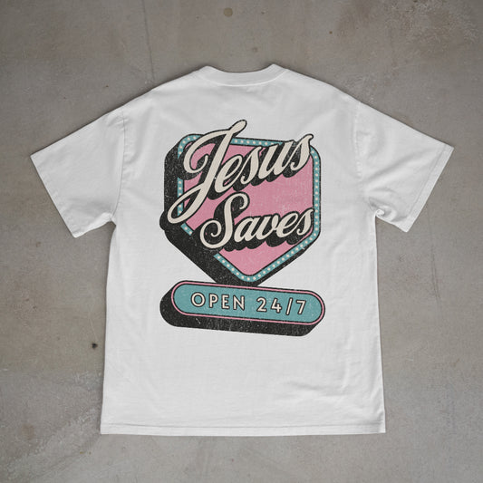 "Jesus Saves Open 24/7" Premium Oversized Shirt
